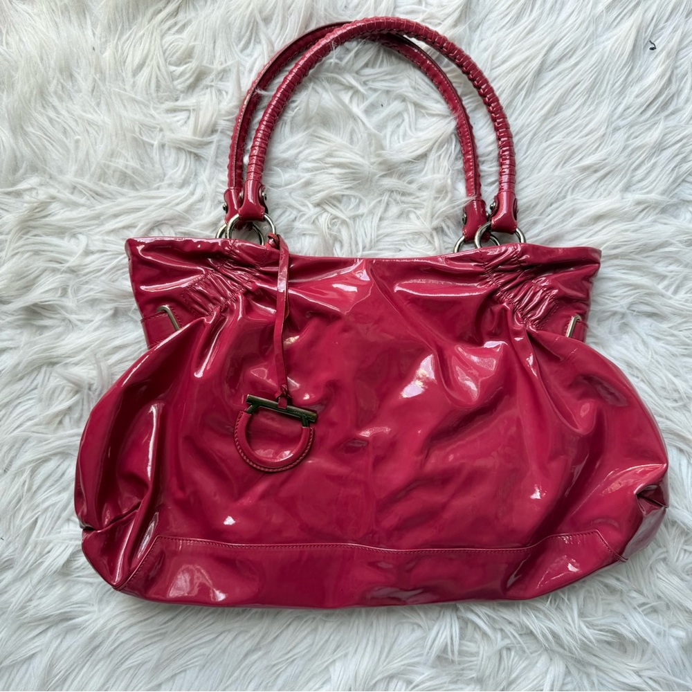 VTG Salvatore Ferragamo Y2K Satchel Shoulder Hobo Purse Bag Red Patent Leather
